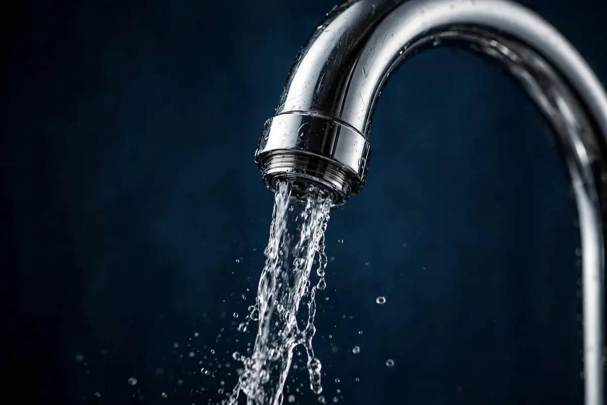 Chrome faucet with running water in a Suffolk home
